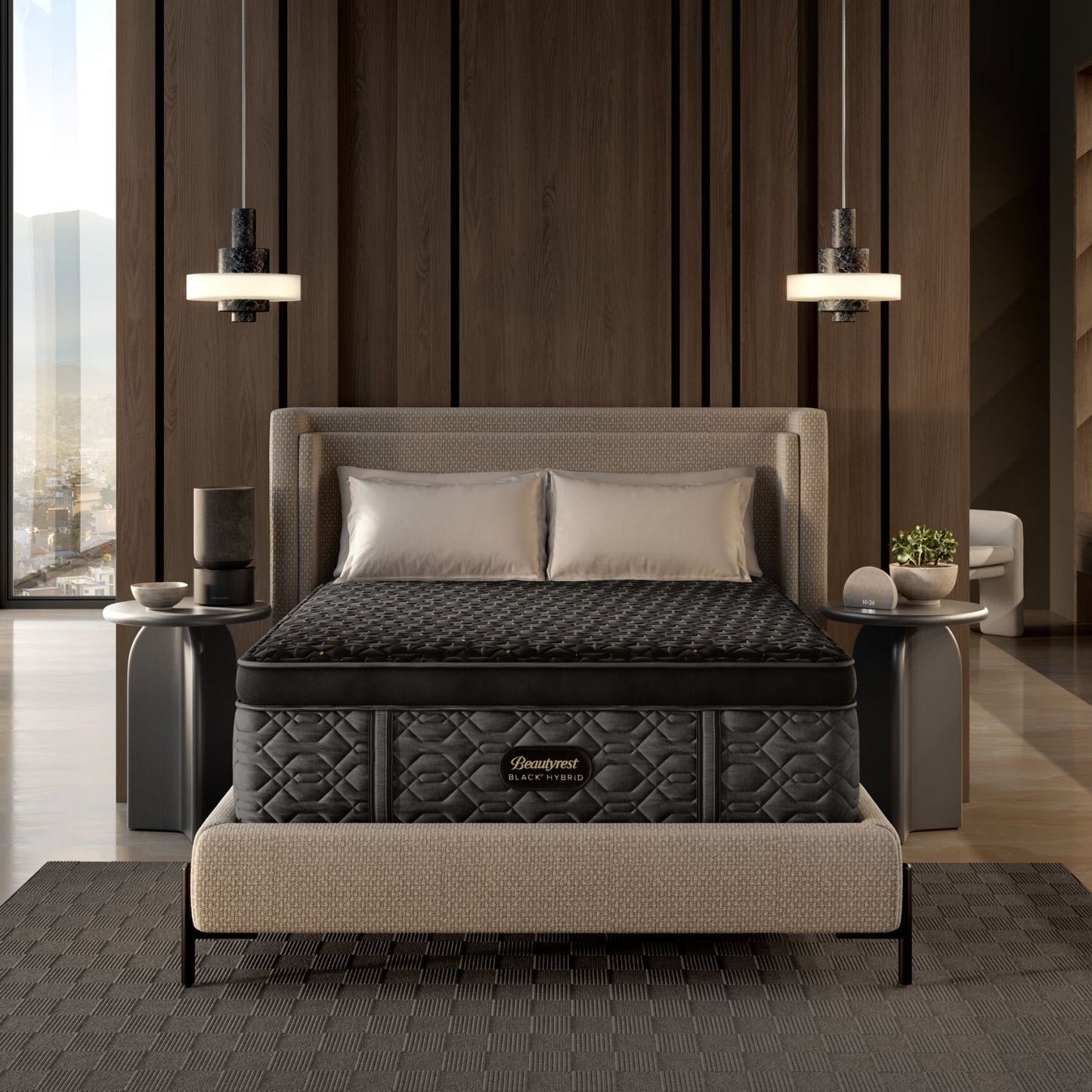 BeautyRest Firm Apex Top Hybrid mattress sitting in a beige bed frame || series: Series Four || feel: Firm Apex Top