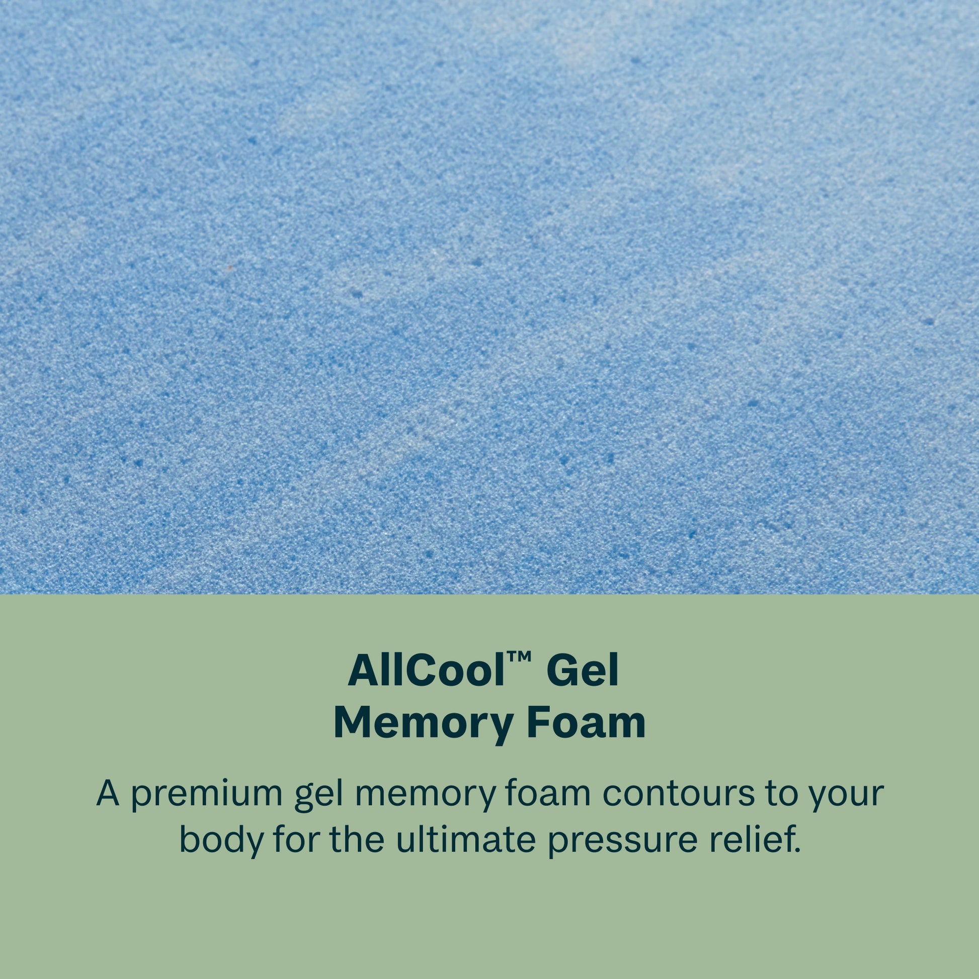 Blue gel memory foam with text about AllCool Gel Memory Foam on a green background