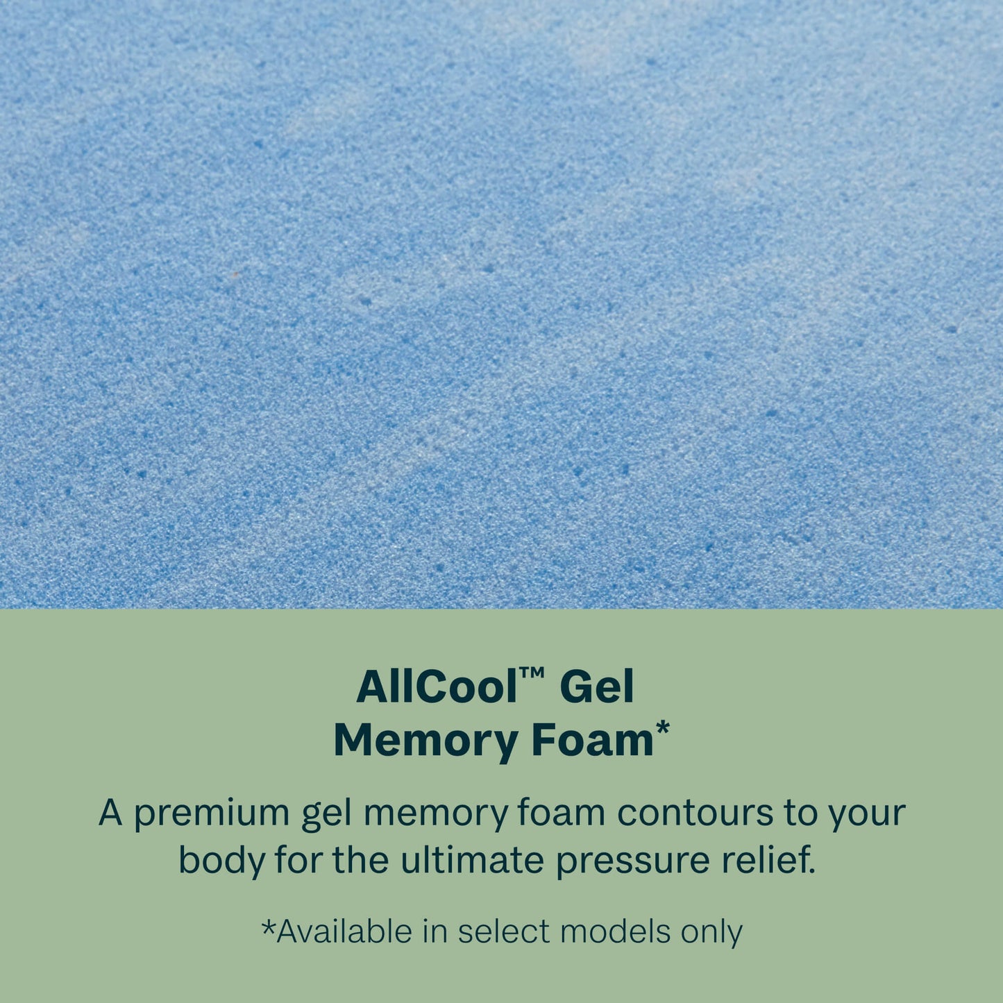 Blue gel memory foam with text about AllCool Gel Memory Foam on a green background