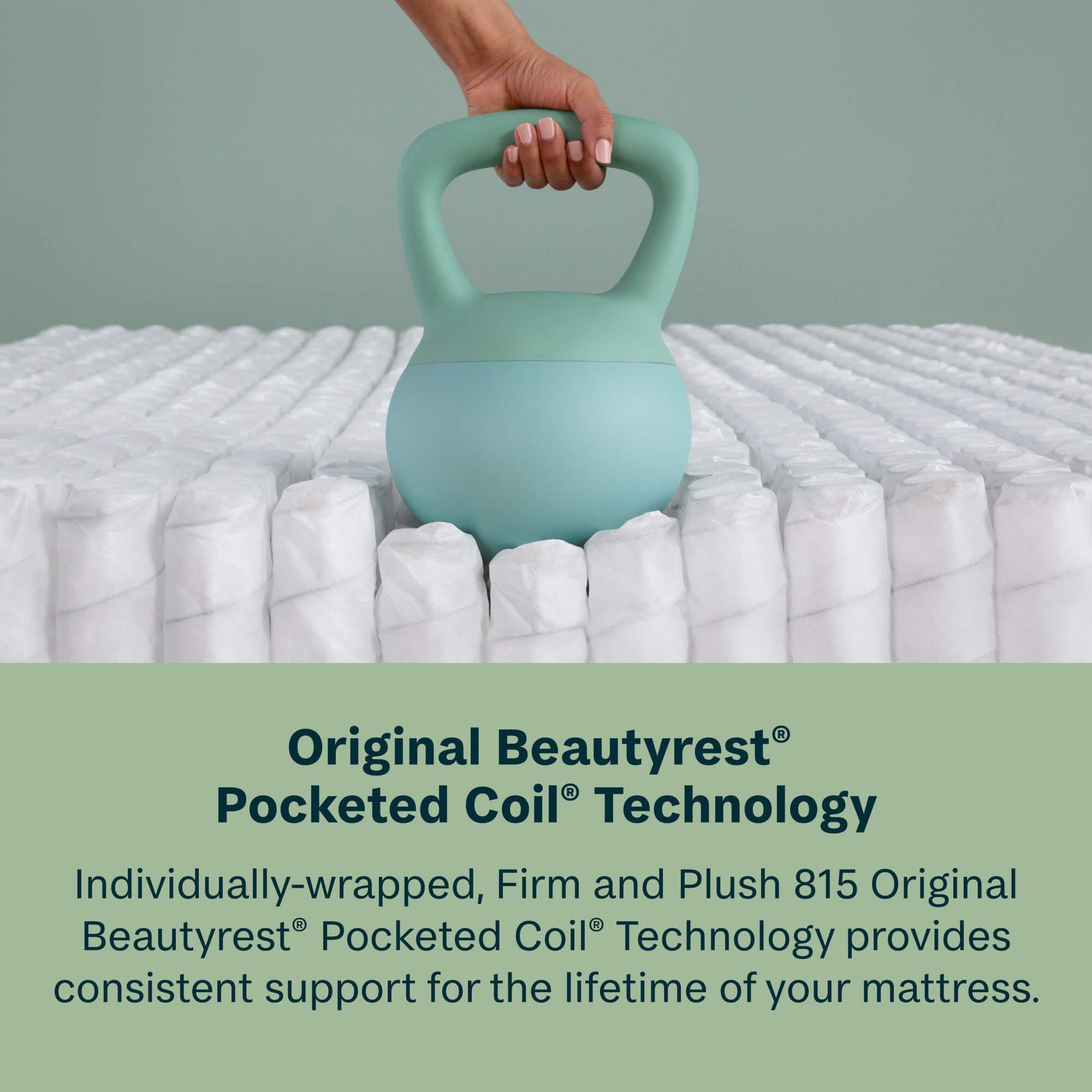 Person lifting a light blue kettlebell over a mattress with text about Beautyrest Pocketed Coil Technology.