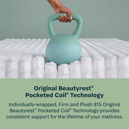 Person lifting a light blue kettlebell over a mattress with text about Beautyrest Pocketed Coil Technology.