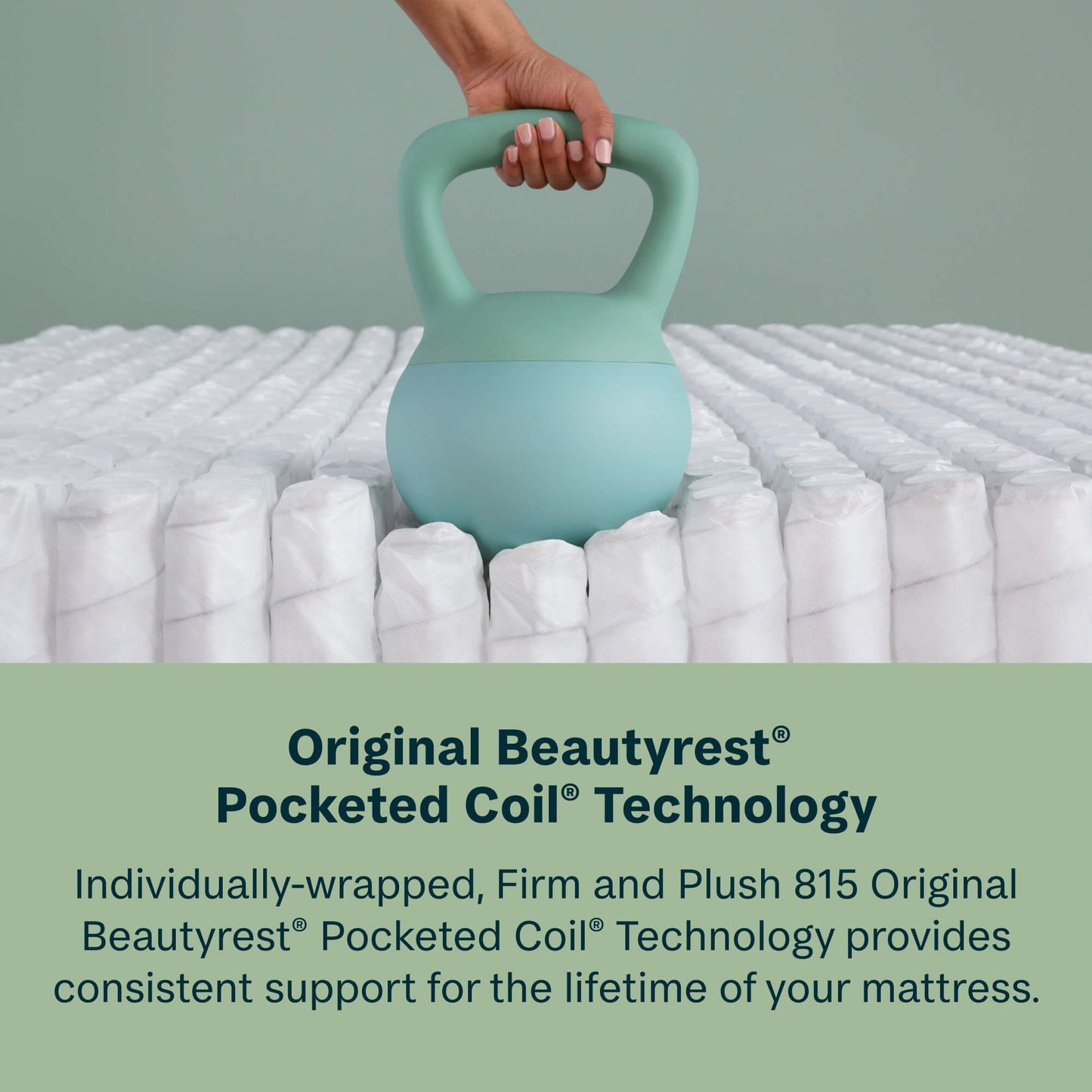 Person lifting a light blue kettlebell over a mattress with text about Beautyrest Pocketed Coil Technology.