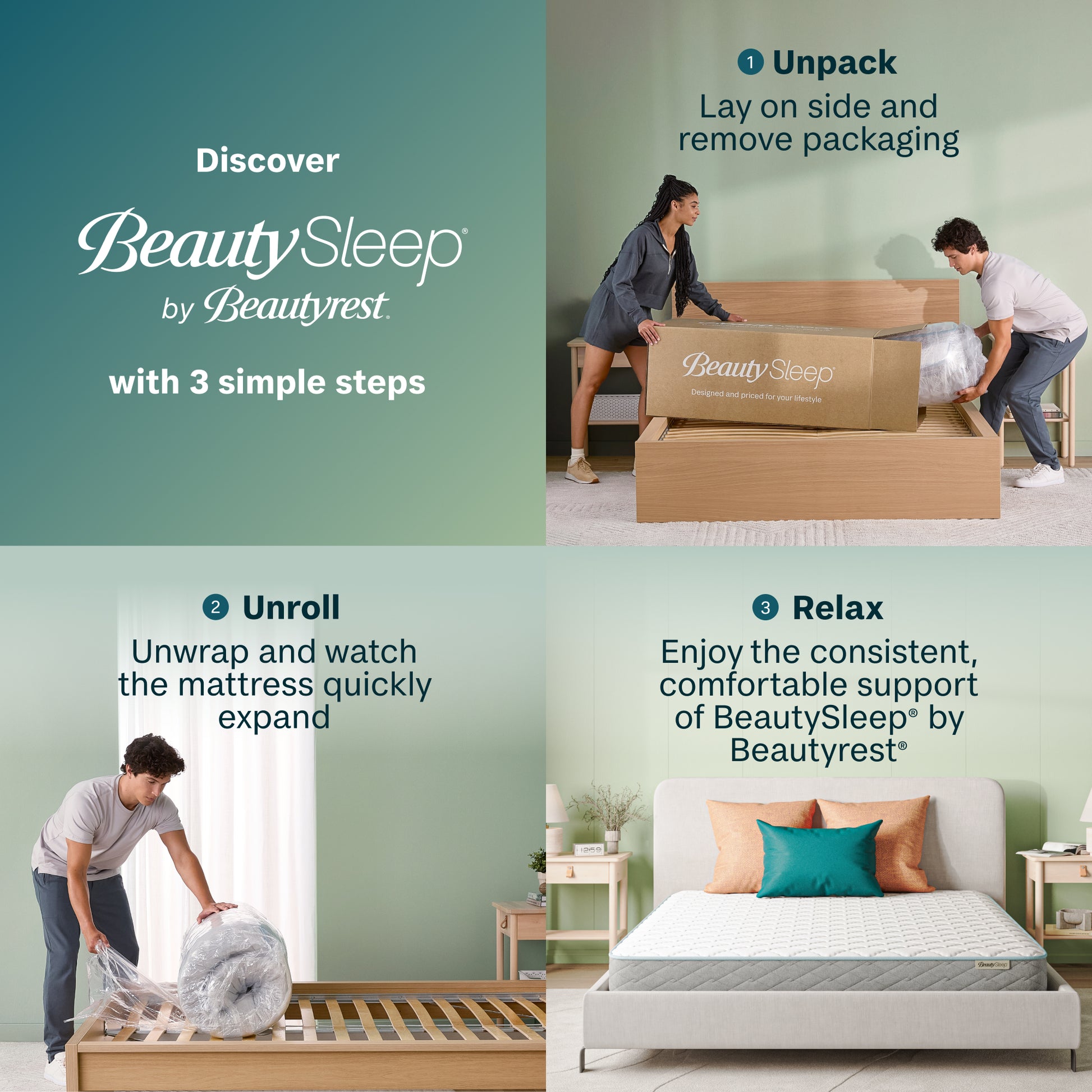 Step-by-step guide to setting up a BeautySleep mattress with packaging removal, unrolling, and relaxing.