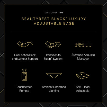 Chart titled Discover the Beautyrest Black Luxury Adjustable base.  The chart shows the different options for the base: Dual Action Back and Lumbar Support, Transition to Sleep System, Surround Acoustic Massage, Touchscreen Remote, Ambient Underbed Lighting and Split-Head Adjustable