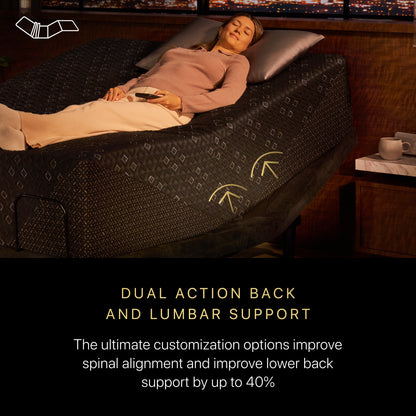 Woman laying on her back on top of a Beautyrest Black Hybrid mattress slightly elevated at the head of the bed on an Beautyrest Black Luxury adjustable base.  The copy below states Dual Action Back And Lumbar Support.  The ultimate customization options improve spinal alignment and improve lower back support by up to 40%