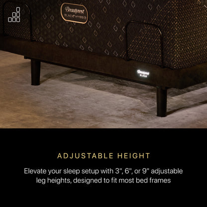 Image of the bottom of the Beautyrest Black Luxury Adjustable Base.  The caption below stating Elevate your sleep setup with 3 inch, 6 inch or 9 inch adjustable leg heights, designed to fit most bed frames.