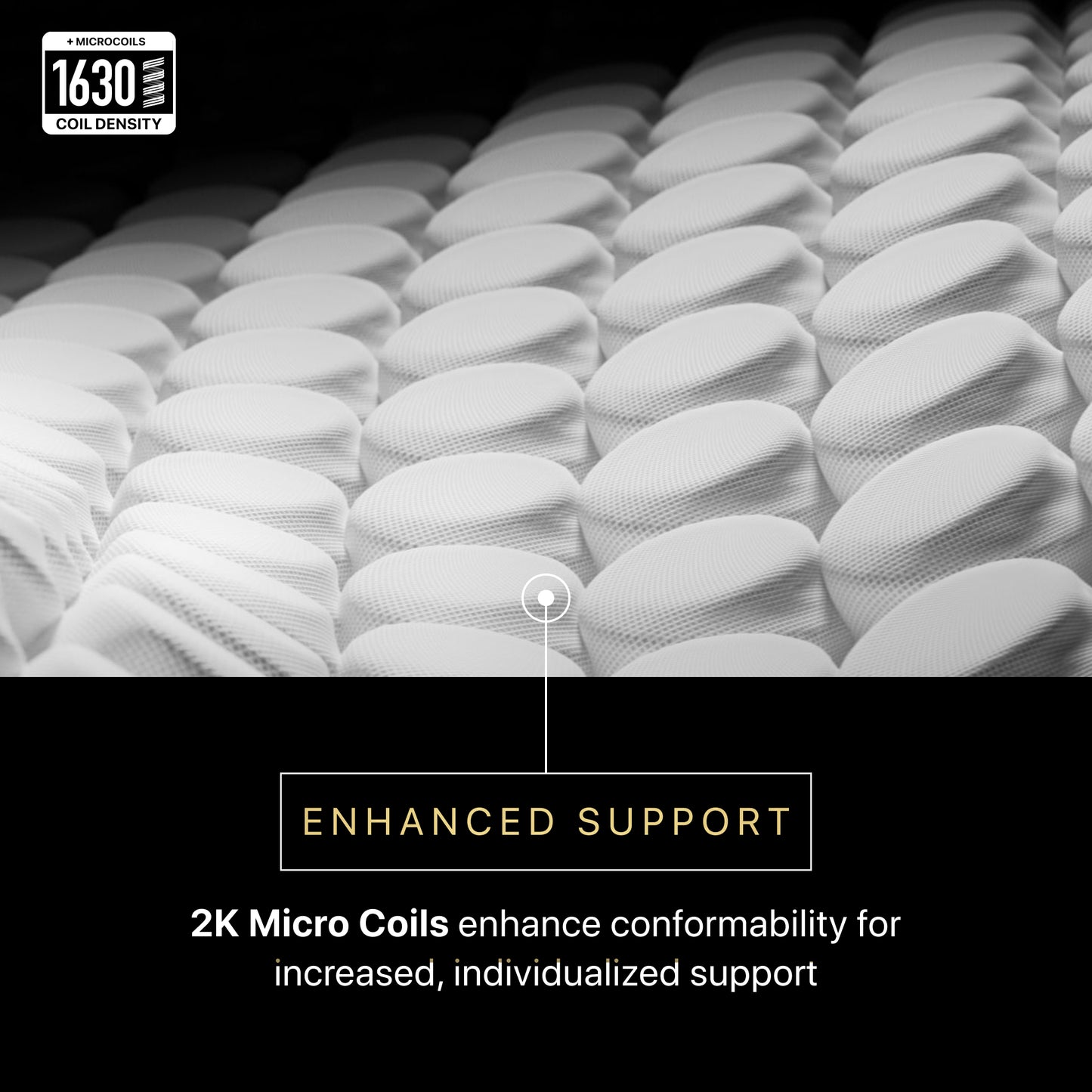 Diagram showing coil density and stating enhanced support, 2K Micro Coils enhance conformability for increased, individualize support