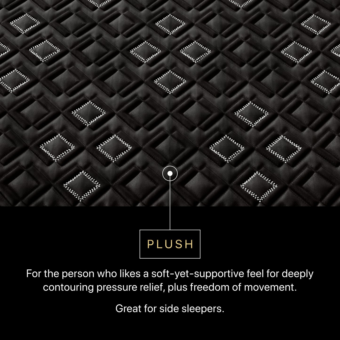 Text description of Beautyrest Black Hybid XCS plush mattress topper with diamond pattern and text about its features.