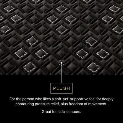 Text description of Beautyrest Black Hybid XCS plush mattress topper with diamond pattern and text about its features.